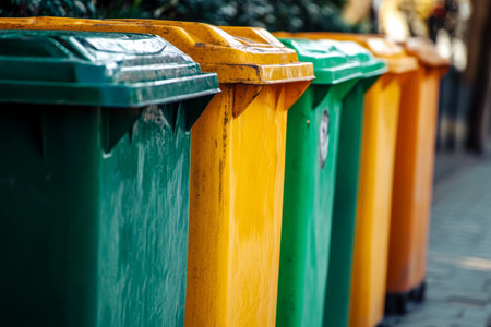 Vibrant recycling bins in a row a symbol of urban waste management and environmental awarenessの写真素材