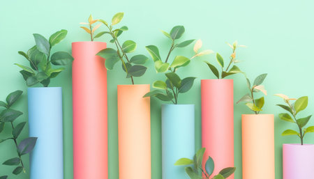 Vibrant growth chart with pastel tubes and greenery symbolizing sustainability and modern progressの写真素材