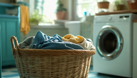 Laundry room scene featuring a basket of clothes with a washing machine in the backgroundの写真素材