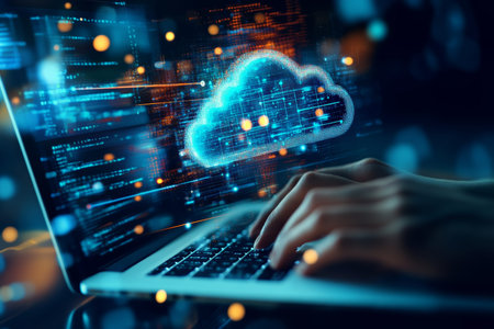 Working on laptop with cloud computing diagram, network connection, and data storage concept