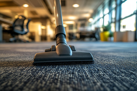Professional cleaners using industrial vacuum for office carpet care and expert sanitation servicesの写真素材