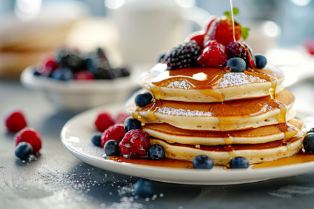 Scrumptious pancake stack with vibrant berries and luscious honey drizzle for a delightful treatの写真素材