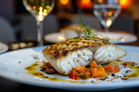 Elegant restaurant ambiance featuring grilled fish fillet and white wine pairing for a refined meal