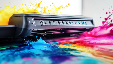 Dynamic office copier with color splashes for premium printing services and ample copy spaceの写真素材