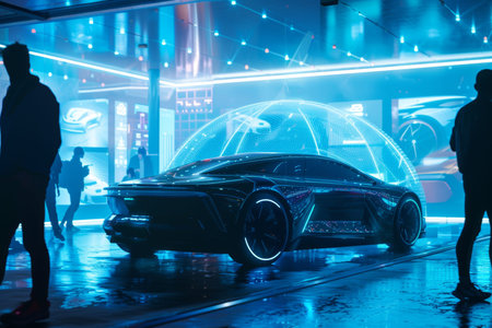 Futuristic car showroom featuring advanced electric vehicles captured in cinematic style photography