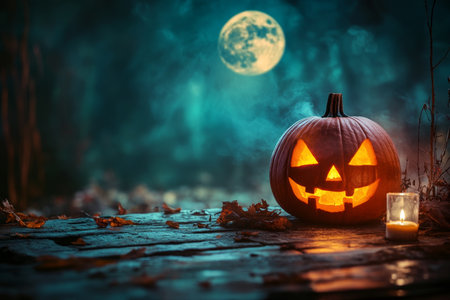 Spooky halloween night featuring a jack o lantern on a table illuminated by a bright full moonの写真素材