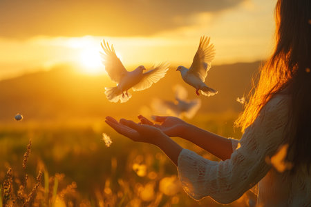A woman releases doves at sunrise, symbolizing freedom and hope against a blurred nature backgroundの写真素材