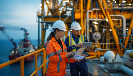 Engineering team on oil platform at sunrise discussing project, industrial complex in background