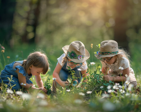 Children in explorer hats exploring flora with magnifying glasses in spring forestの写真素材