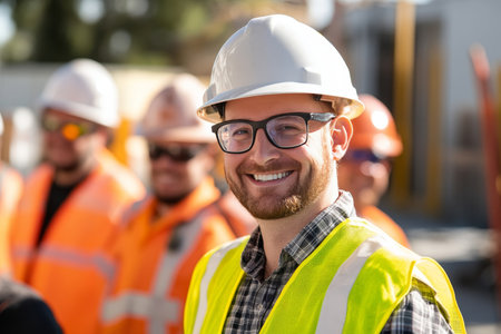 Portrait of a smiling engineer standing proudly in a diverse team on a bustling construction siteの写真素材