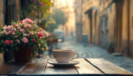 Morning coffee cup on a table surrounded by flowers in the narrow streets of the historic city
