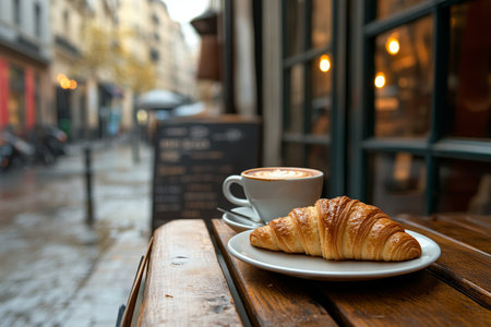 Delicious croissant and fresh coffee on a table in a charming outdoor city caf settingの写真素材