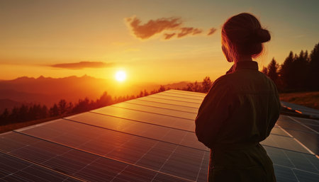Engineer examines solar panels at sunset, advocating for sustainable energy and a greener future
