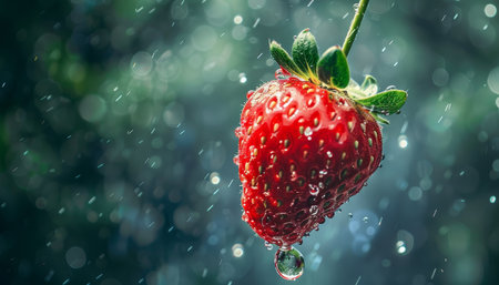 Close up of vibrant ripe strawberry falling with selective focus, creating a stunning imageの写真素材