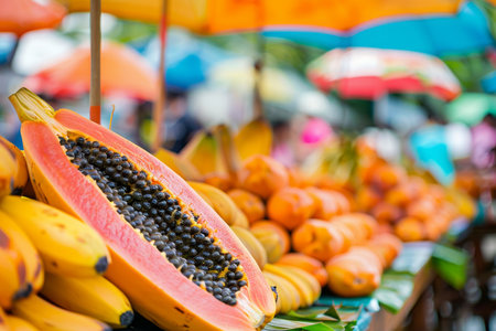 Exotic papayas at vibrant tropical market with umbrellas and palm leaves for vacation ambianceの写真素材