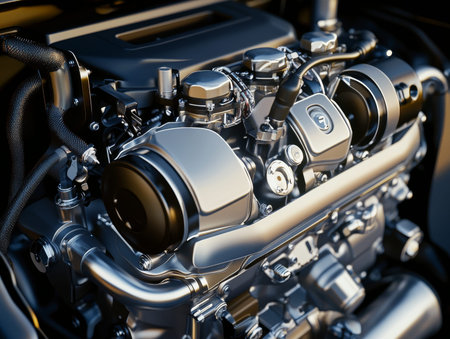 Photorealistic side view of a modern car engine in sleek silver and black colors with fine details