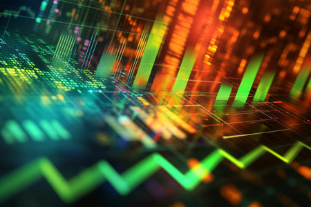 Close up 3d illustration of bullish energy sector stock investing with vibrant charts and arrows