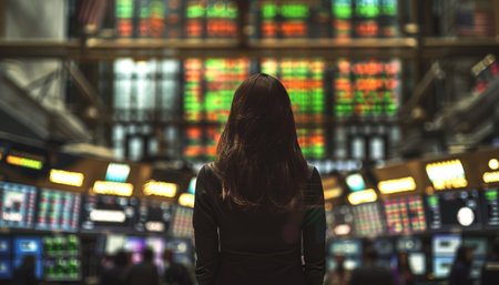 Woman monitoring stock prices on digital display in bustling exchange floor amidst numerous tradersの写真素材
