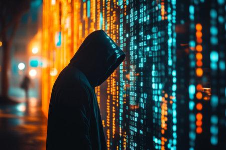 Mysterious figure in hoodie interacts with digital code, symbolizing cybersecurity and innovation