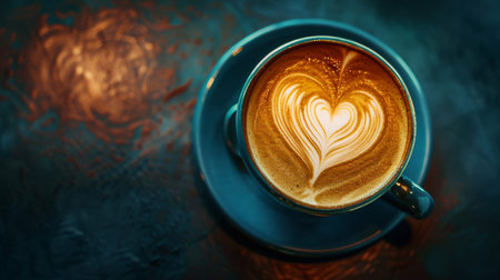 Top view of latte coffee with heart latte art on dark background with copy space, above view