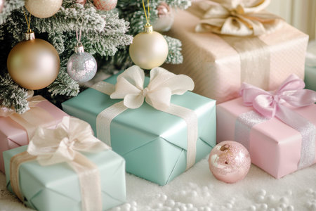 Charming pastel gifts elegantly wrapped with bows and ornaments under a festive Christmas tree