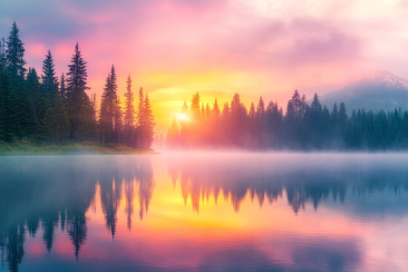 Stunning landscape vibrant sky over foggy lake with reflective pines and colorful light showの写真素材