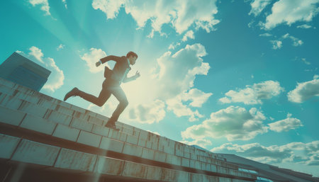 Successful businessman running up stairs in city growth and success concept with copy spaceの写真素材