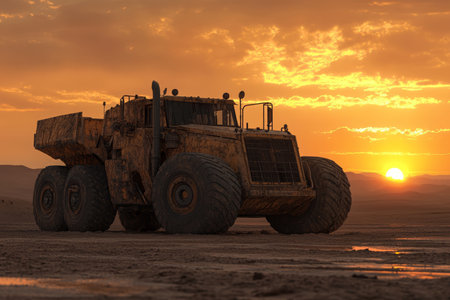 Stunning 3d render of vehicle construction against a beautiful sunset backgroundの写真素材