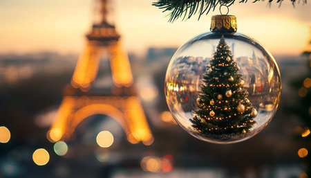 Eiffel tower reflected in christmas bauble a magical new year s eve in paris, franceの写真素材