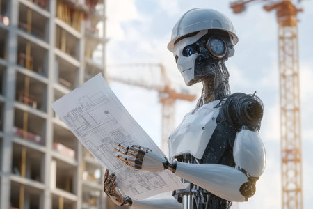 Robot foreman engineer overseeing construction site with tower cranes and blueprints in handの写真素材