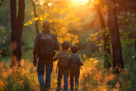 Happy family trekking at sunrise in beautiful forest with backpacks, enjoying nature togetherの写真素材
