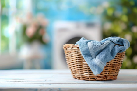 Laundry basket and washing machine with copy space on blurred background for text placementの写真素材