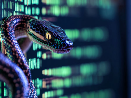 Python programming for data engineering a computer screen featuring code and a digital snakeの写真素材