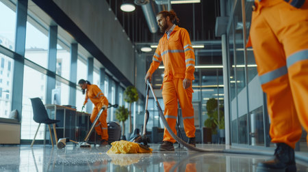 Professional cleaning team using vacuum in office with employees working in the bustling backgroundの写真素材
