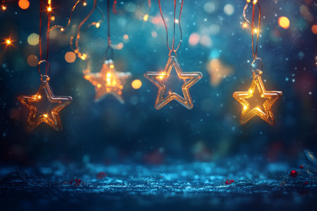 Festive scene with dark blue background, glowing golden stars, colorful lights, and decorationsの写真素材