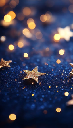 Enchanting christmas background with golden stars and bokeh lights on dark blue for festive designsの写真素材