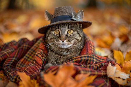 Cute cat in autumn clothes with space for adding text overlay for a charming fall themeの写真素材