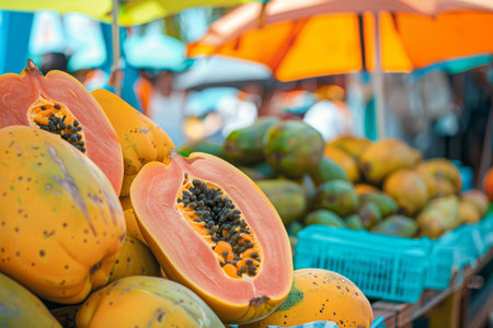 Exotic papayas displayed at a lively market stall with a tropical setting and vibrant ambiance