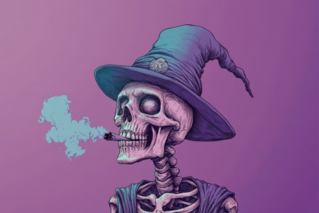 Cartoon skeleton in wizard hat smoking against a purple background with simple vector artの写真素材