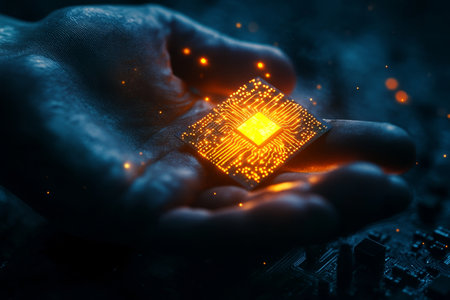 Futuristic hand holding a glowing microchip, symbolizing innovation in advanced computing technologyの写真素材