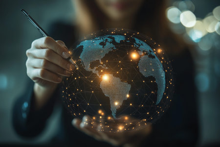 Business woman illustrating global networking and data exchange connections on dark background