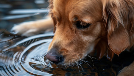 Detailed close up of a golden retriever with exceptional clarity drinking water from a bowlの写真素材