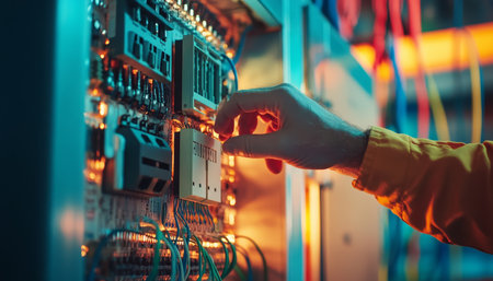 Close up of engineer testing voltage at circuit breaker in main power distribution boardの写真素材