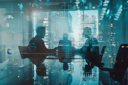 Innovative generative ai enhances business meeting with virtual screen in office double exposure
