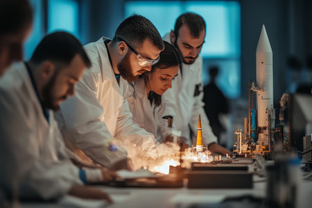 Scientists and engineers in lab coats collaborating near rocket on launch pad in laboratoryの写真素材