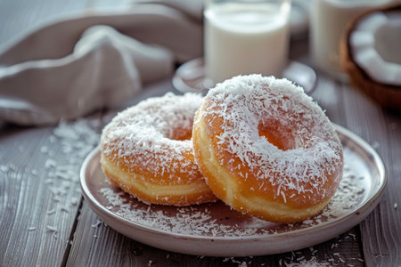 High quality image of a donut with coconut flakes on plate, showing delicious dessertの写真素材