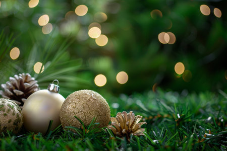 Festive christmas ornaments on green background with copy space, holiday celebration conceptの写真素材