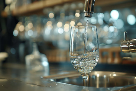 Crystal clear drinking water in glass filled from tap, high quality image captureの写真素材