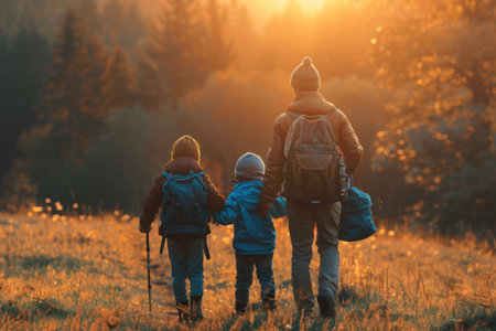 Happy family with backpacks in nature at sunrise near breathtaking forest sceneryの写真素材