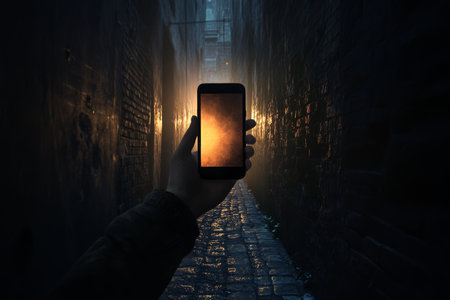 3d composite photograph featuring a hand gripping a mobile phone in a dynamic visual presentationの写真素材